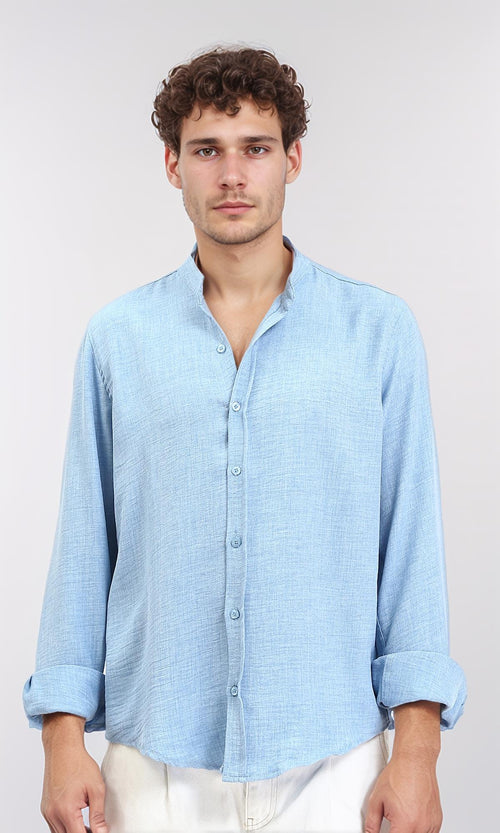 R209098 - Textured Long Sleeves Mandarin Shirt - Baby Blue