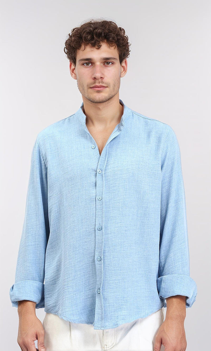 R209098 - Textured Long Sleeves Mandarin Shirt - Baby Blue