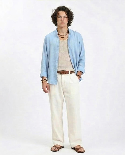 Ravin | Men's Sky Blue Premium-Blend Mandarin Collar Shirt - Baby Blue - R209098