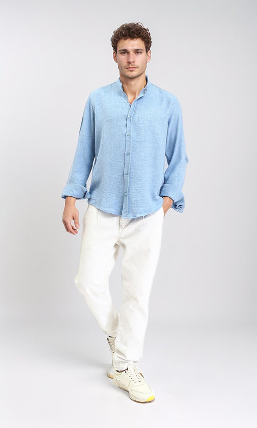 R209098 - Textured Long Sleeves Mandarin Shirt - Baby Blue