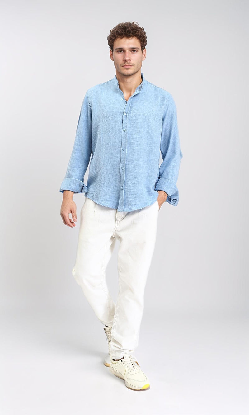 R209098 - Textured Long Sleeves Mandarin Shirt - Baby Blue