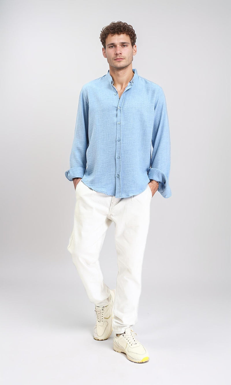 R209098 - Textured Long Sleeves Mandarin Shirt - Baby Blue