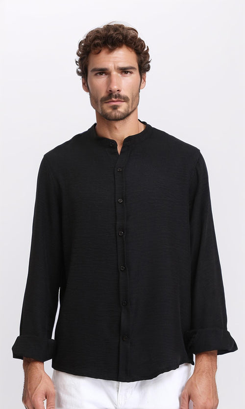 R209099 - Regular Long Sleeves Mandarin Shirt - Black