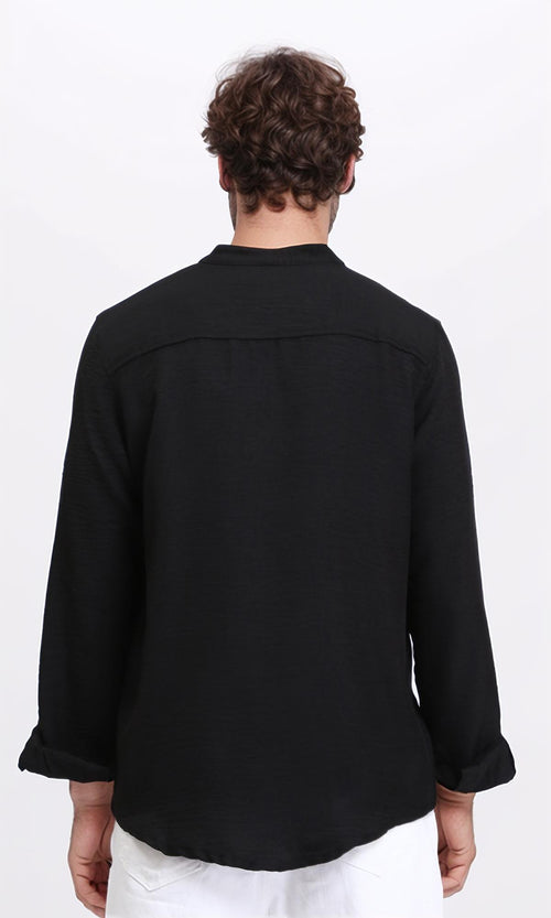R209099 - Regular Long Sleeves Mandarin Shirt - Black