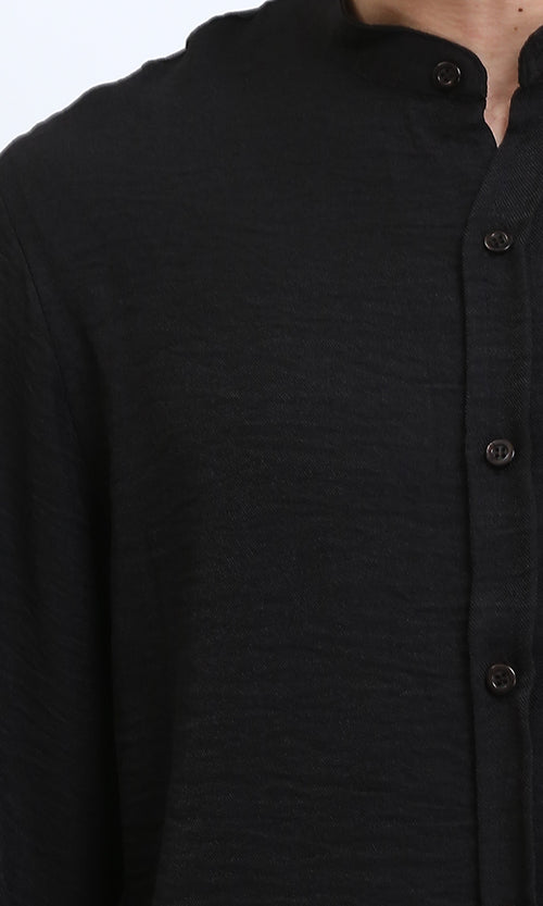 R209099 - Regular Long Sleeves Mandarin Shirt - Black