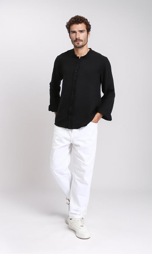 R209099 - Regular Long Sleeves Mandarin Shirt - Black