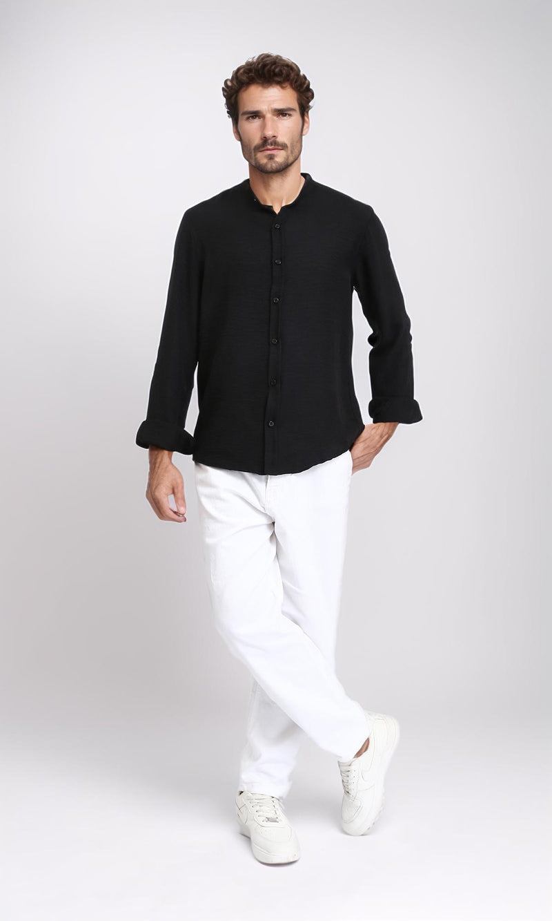 R209099 - Regular Long Sleeves Mandarin Shirt - Black