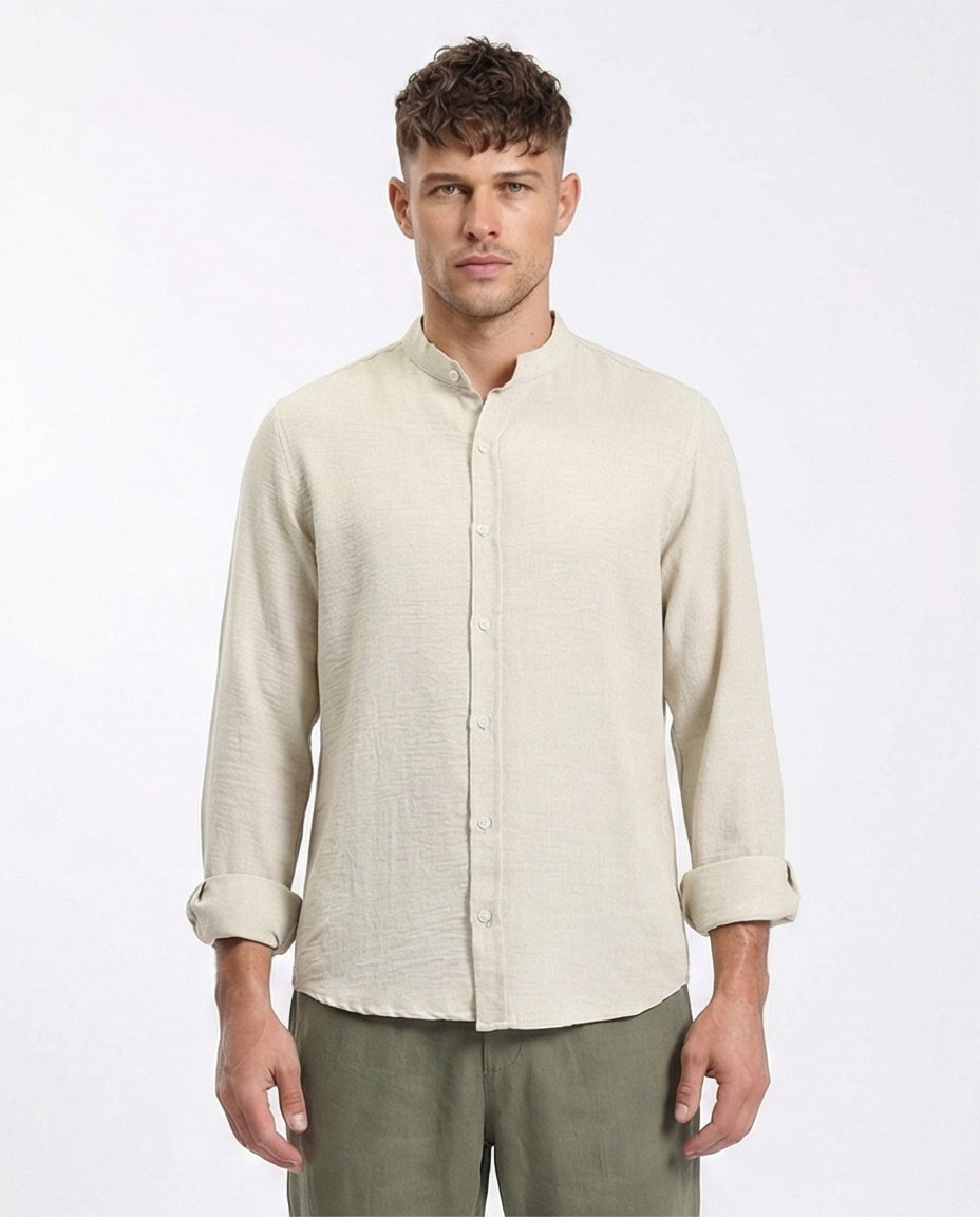 Regular Long Sleeves Mandarin Shirt - Ecru