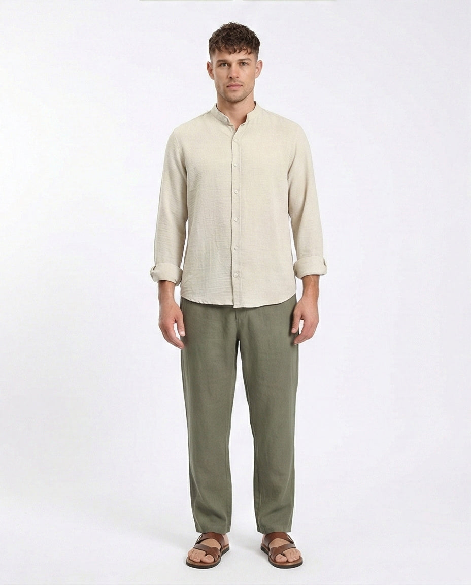 R209100 - Regular Long Sleeves Mandarin Shirt - Ecru