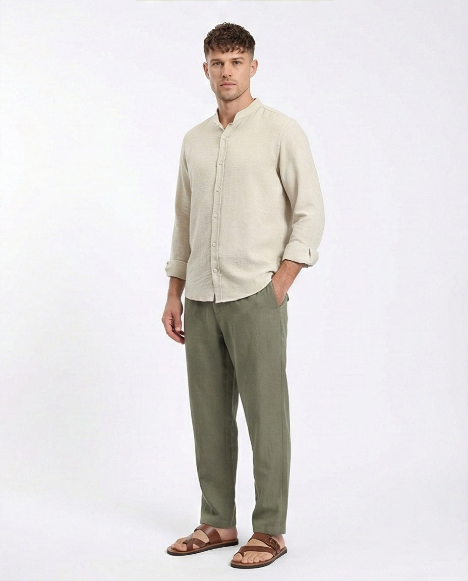 R209100 - Regular Long Sleeves Mandarin Shirt - Ecru