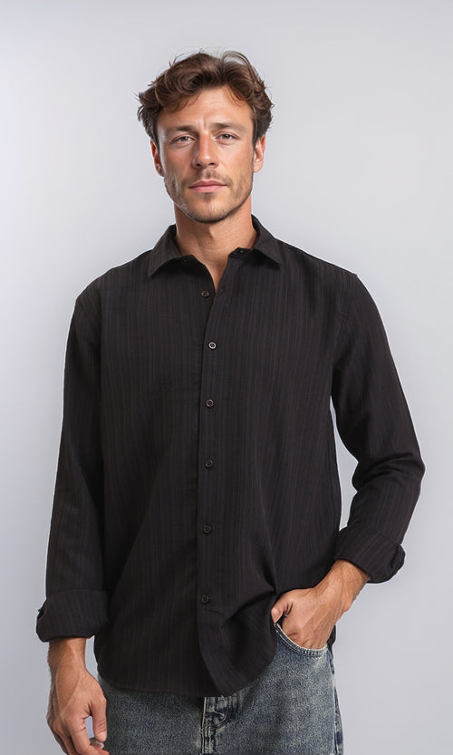 R209101 - Self Textured Long Sleeves Summer Shirt - Black