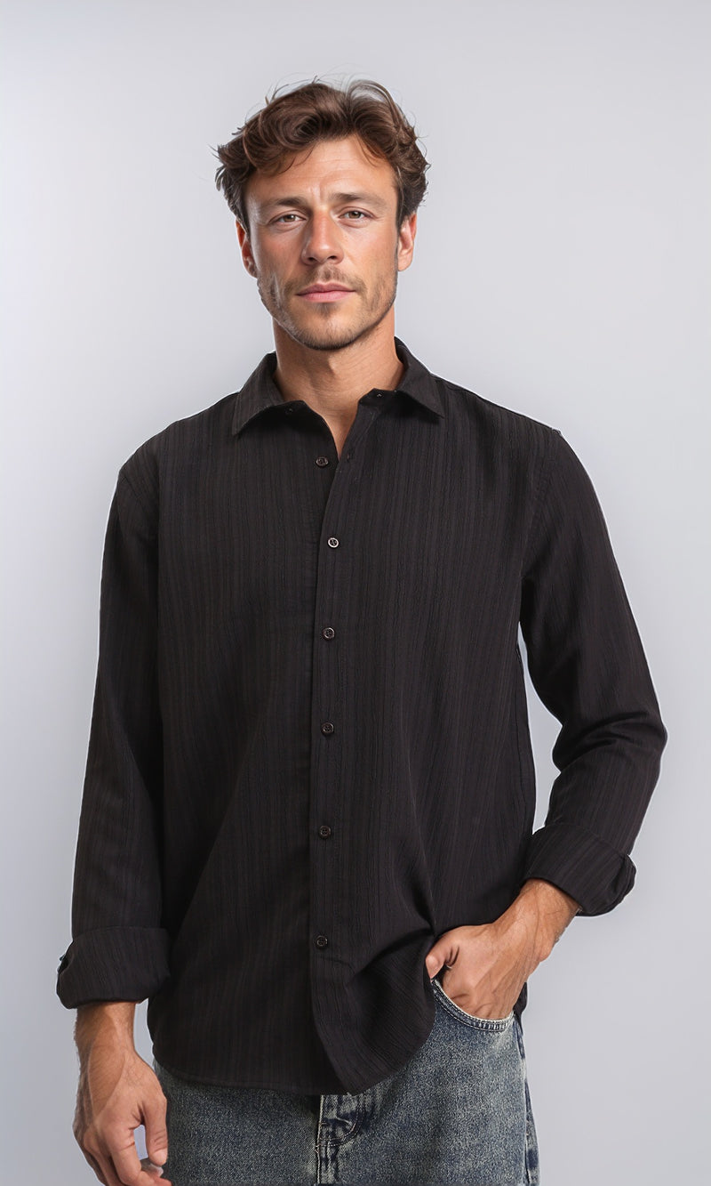 R209101 - Self Textured Long Sleeves Summer Shirt - Black