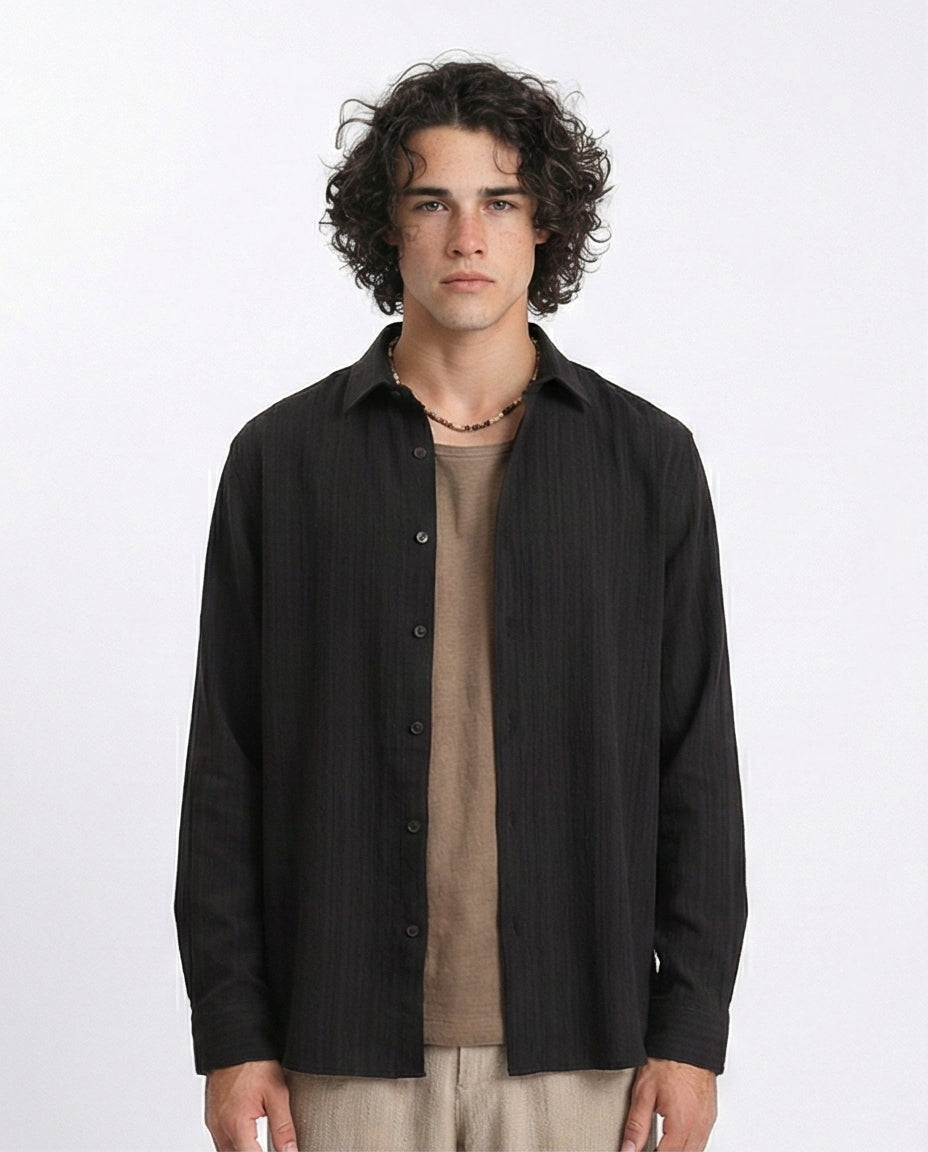 Self Textured Long Sleeves Summer Shirt - Black