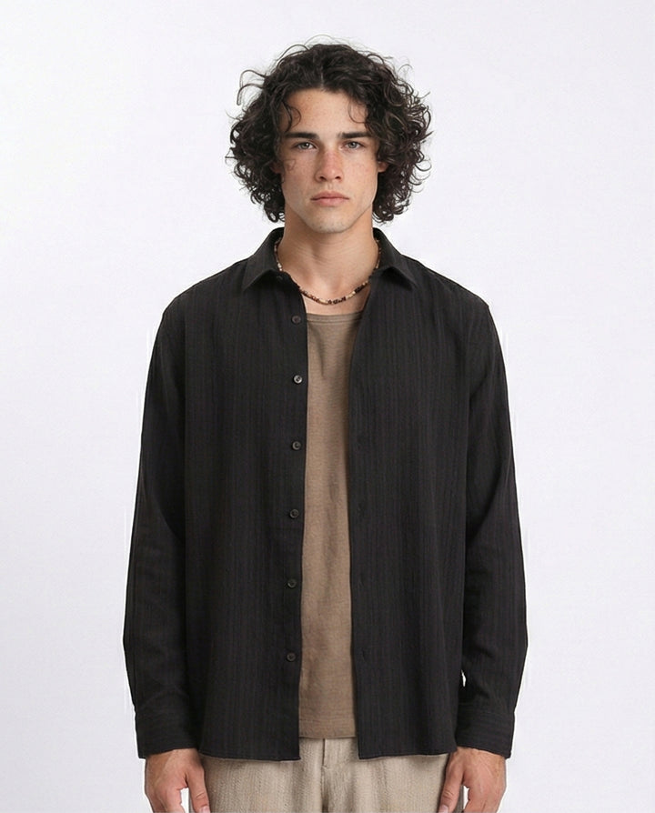 Self Textured Long Sleeves Summer Shirt - Black