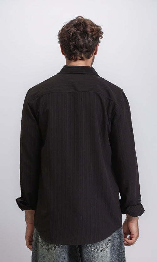 R209101 - Self Textured Long Sleeves Summer Shirt - Black