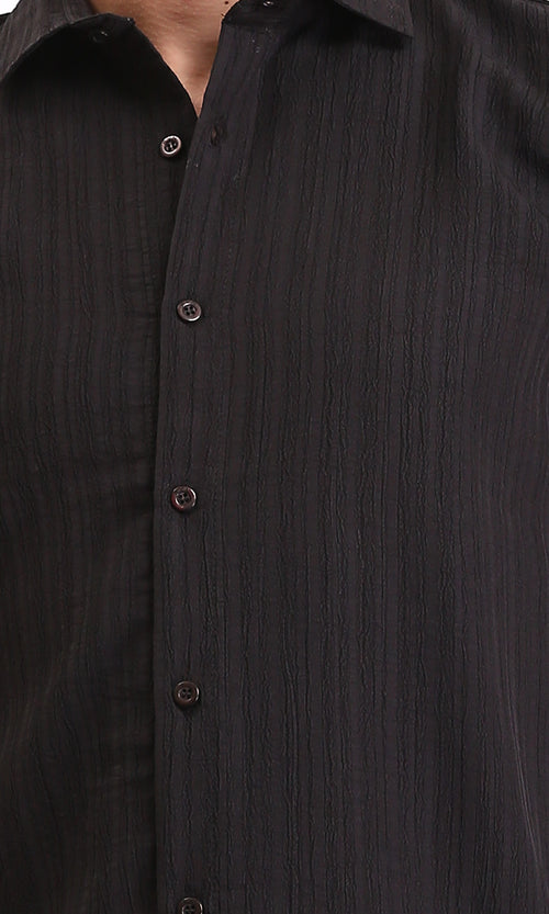 R209101 - Self Textured Long Sleeves Summer Shirt - Black