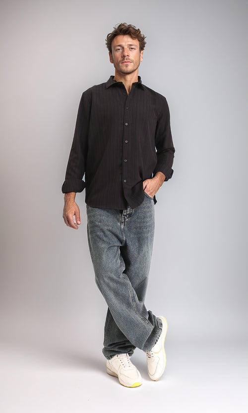 R209101 - Self Textured Long Sleeves Summer Shirt - Black