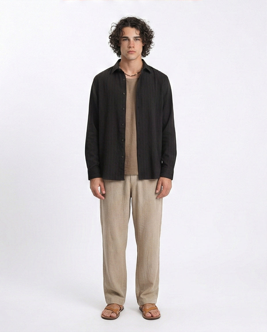 R209101 - Self Textured Long Sleeves Summer Shirt - Black