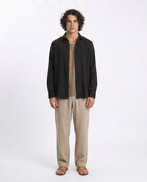 R209101 - Self Textured Long Sleeves Summer Shirt - Black