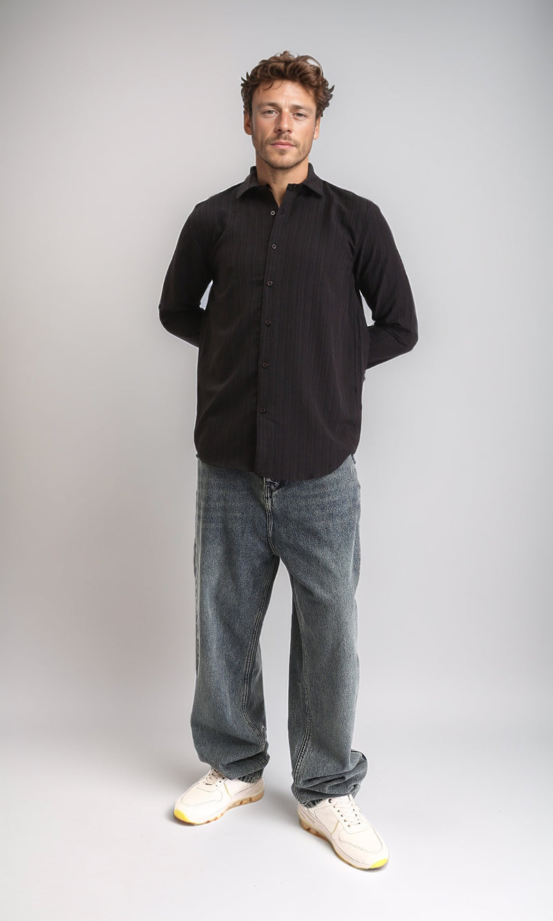 R209101 - Self Textured Long Sleeves Summer Shirt - Black