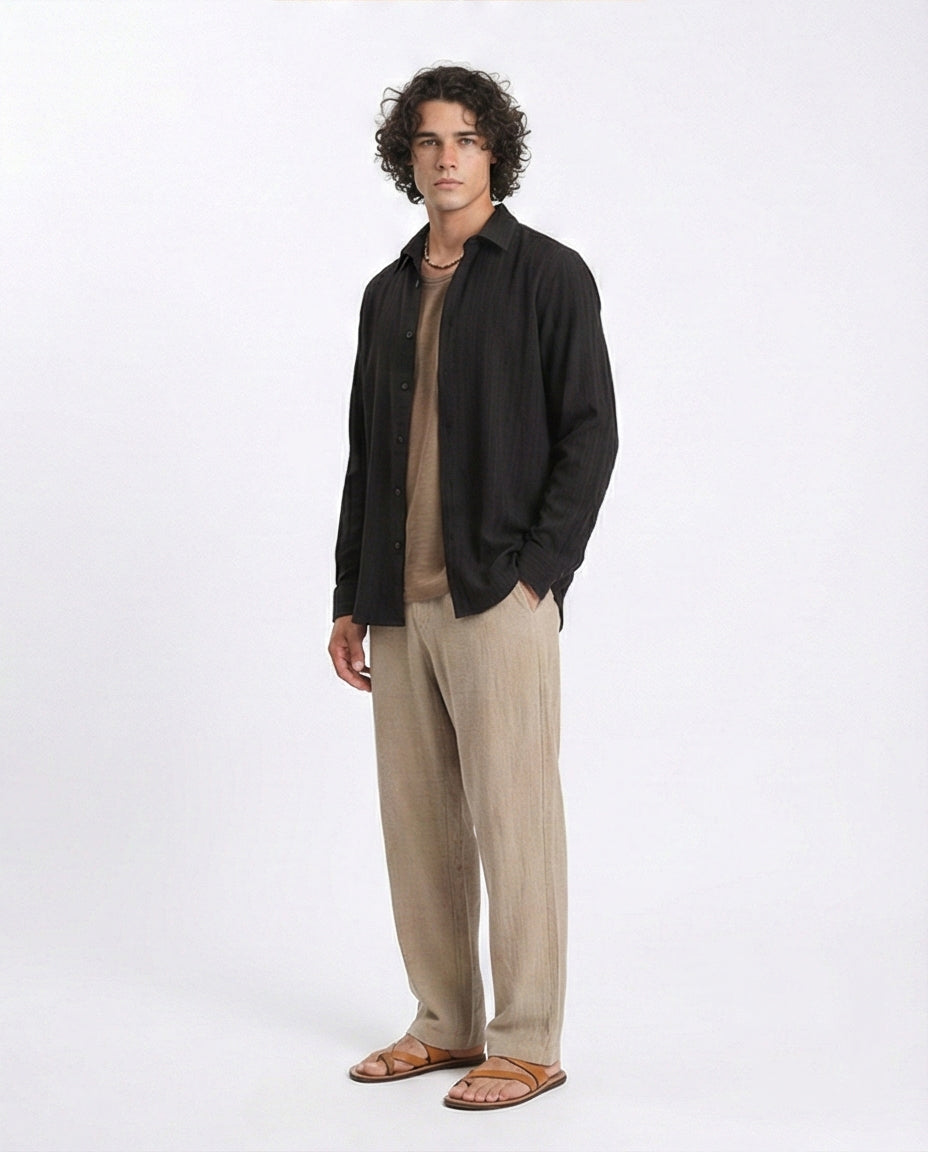R209101 - Self Textured Long Sleeves Summer Shirt - Black