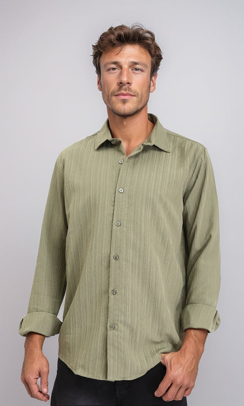 R209102 - Self Textured Long Sleeves Summer Shirt - Olive
