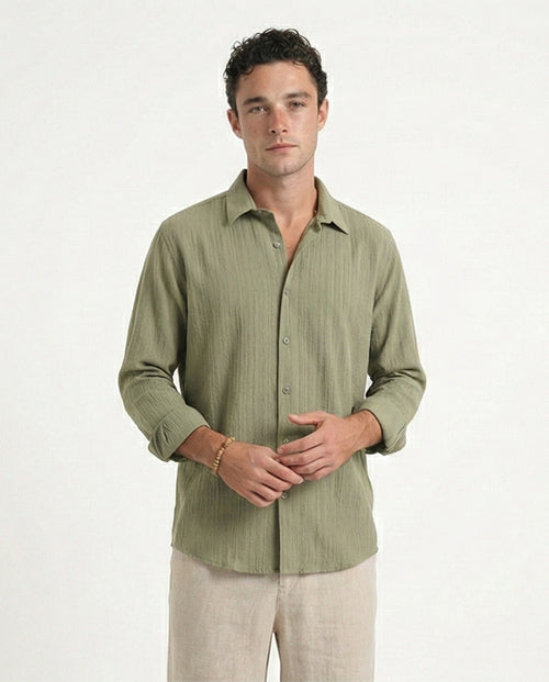 Self Textured Long Sleeves Summer Shirt - Olive