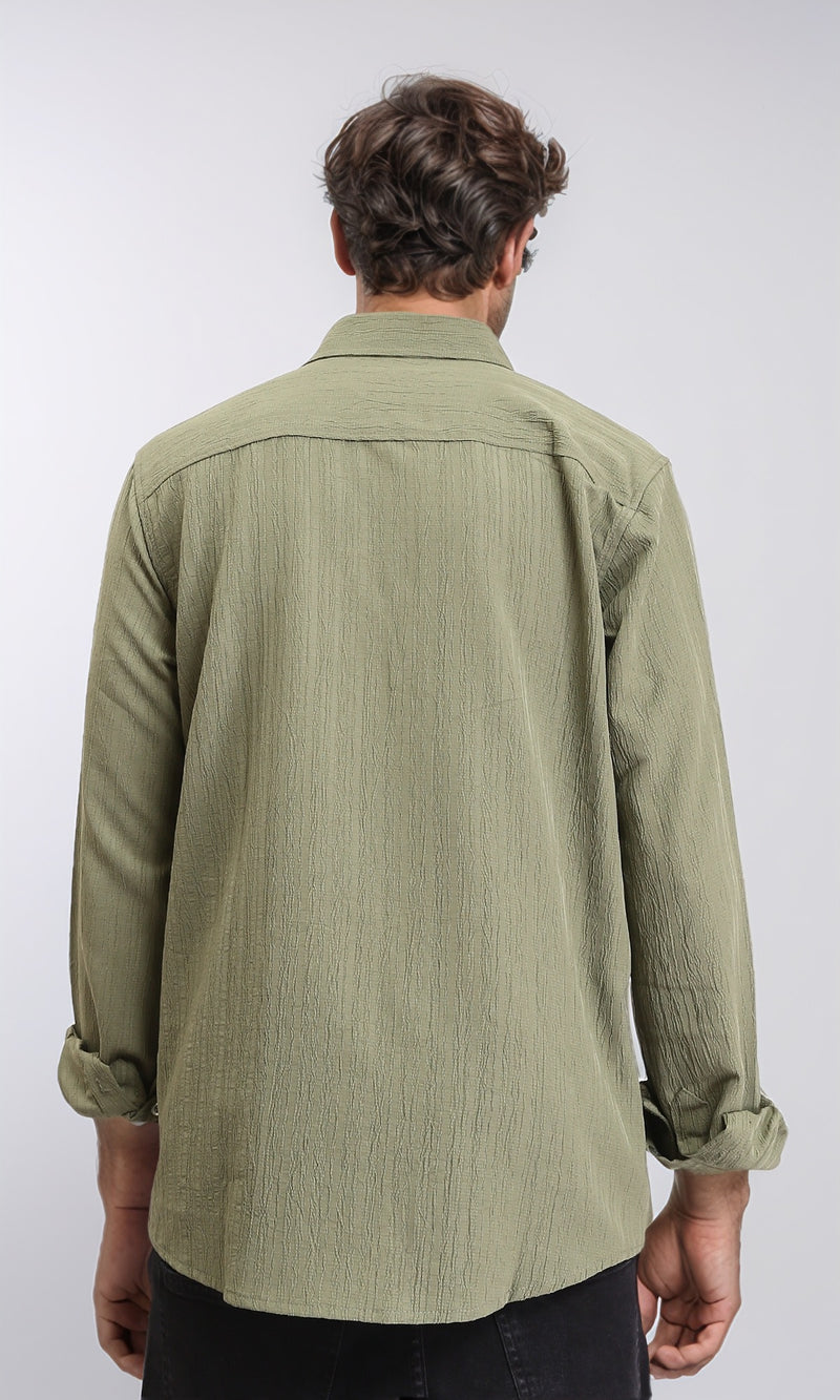 R209102 - Self Textured Long Sleeves Summer Shirt - Olive