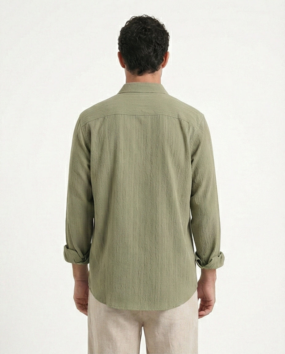 R209102 - Self Textured Long Sleeves Summer Shirt - Olive
