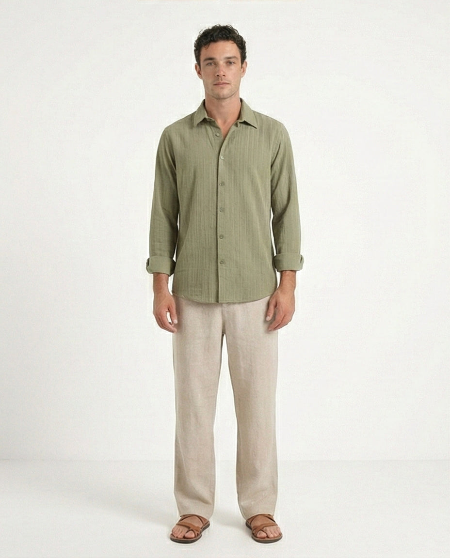 R209102 - Self Textured Long Sleeves Summer Shirt - Olive