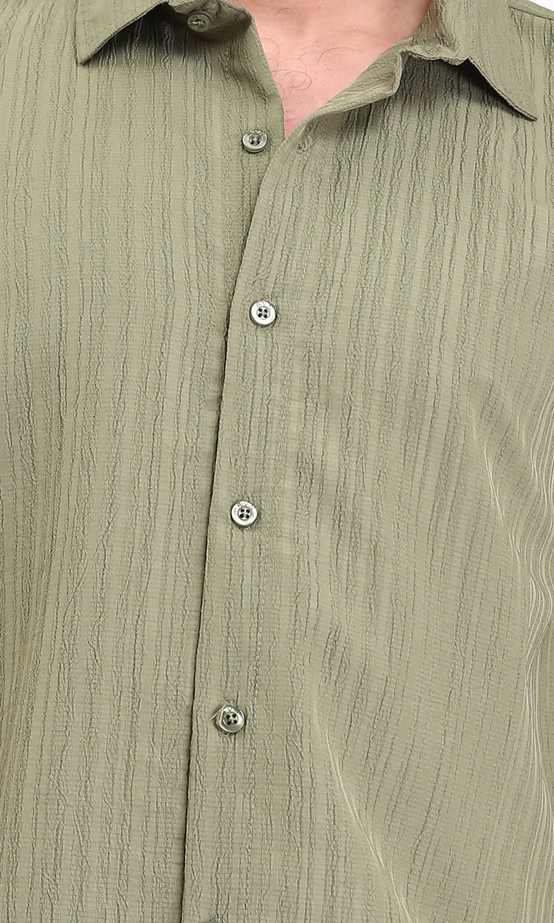 R209102 - Self Textured Long Sleeves Summer Shirt - Olive