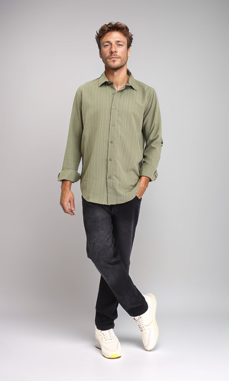 R209102 - Self Textured Long Sleeves Summer Shirt - Olive