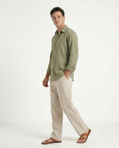 R209102 - Self Textured Long Sleeves Summer Shirt - Olive