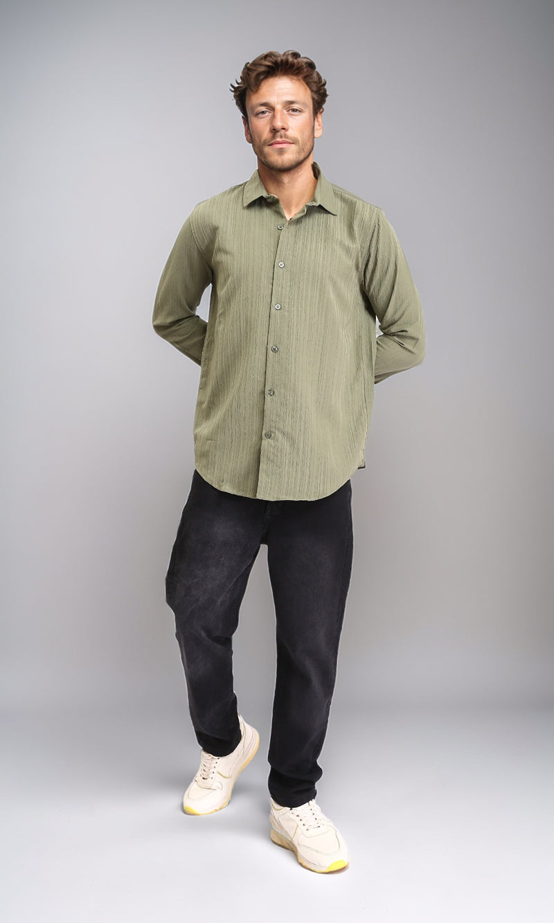 R209102 - Self Textured Long Sleeves Summer Shirt - Olive