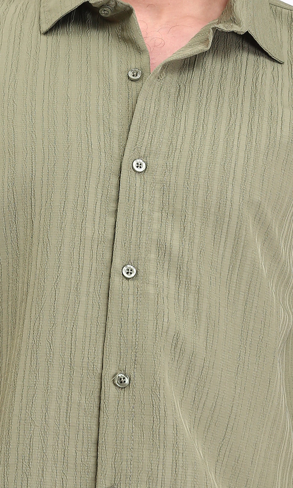 R209102 - Self Textured Long Sleeves Summer Shirt - Olive