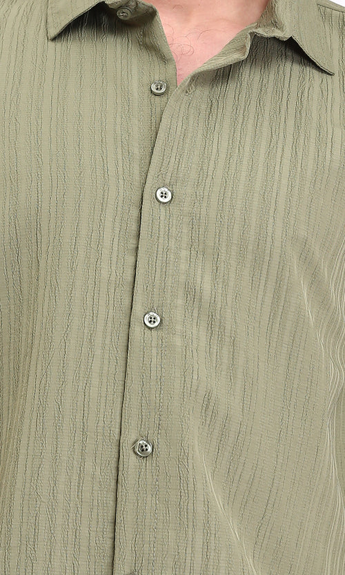 R209102 - Self Textured Long Sleeves Summer Shirt - Olive