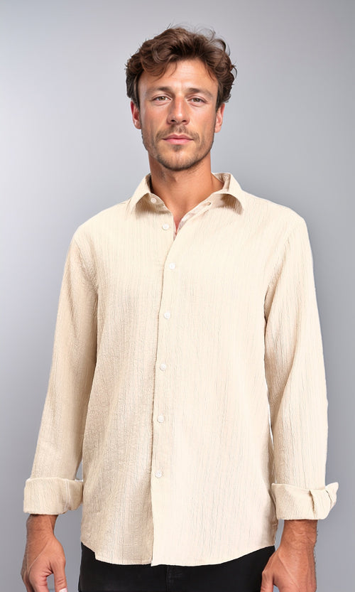 R209103 - Self Textured Long Sleeves Summer Shirt - Ivory