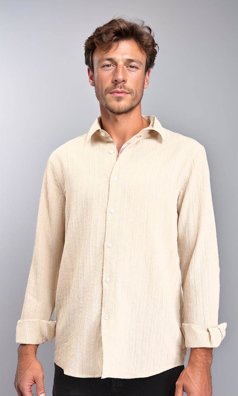 R209103 - Self Textured Long Sleeves Summer Shirt - Ivory