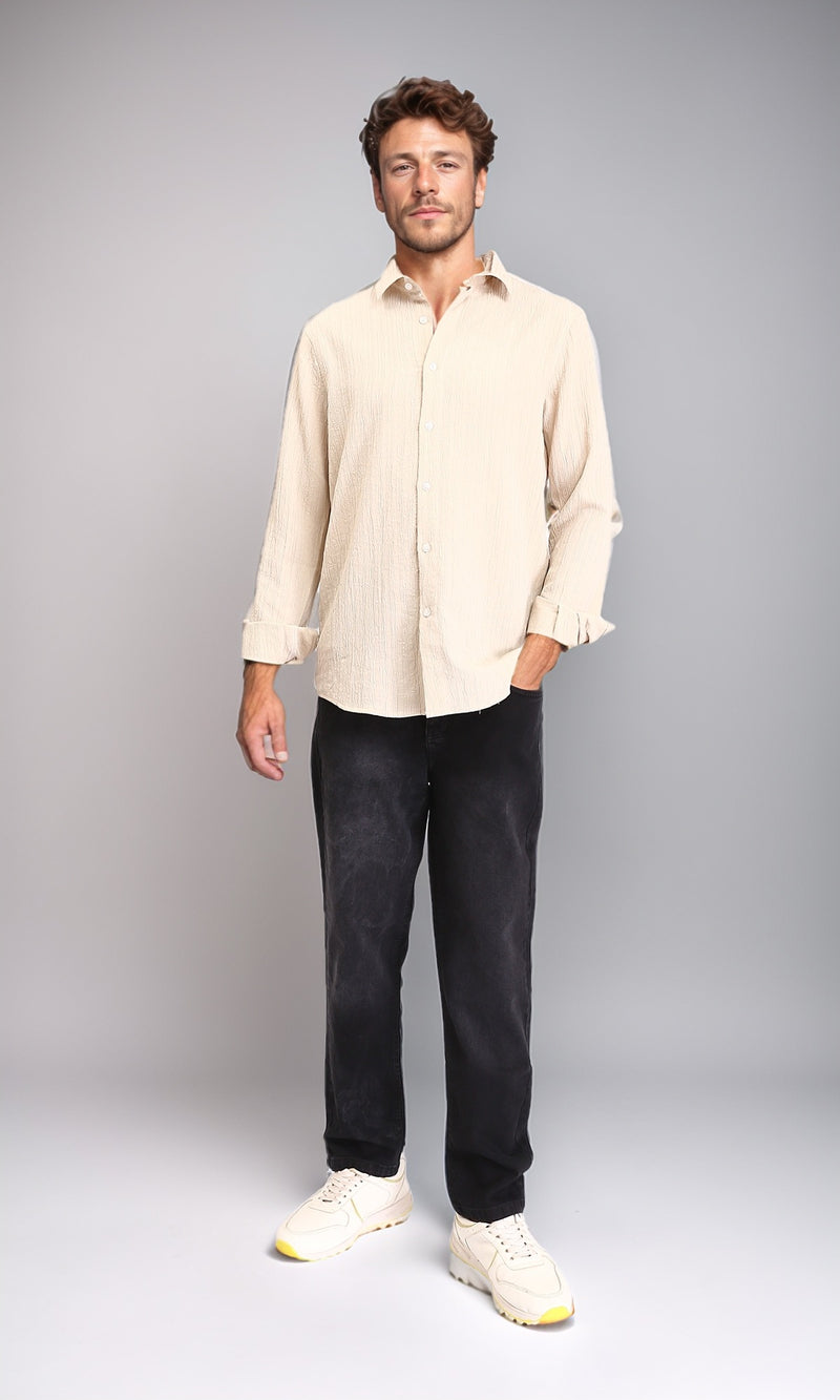 R209103 - Self Textured Long Sleeves Summer Shirt - Ivory