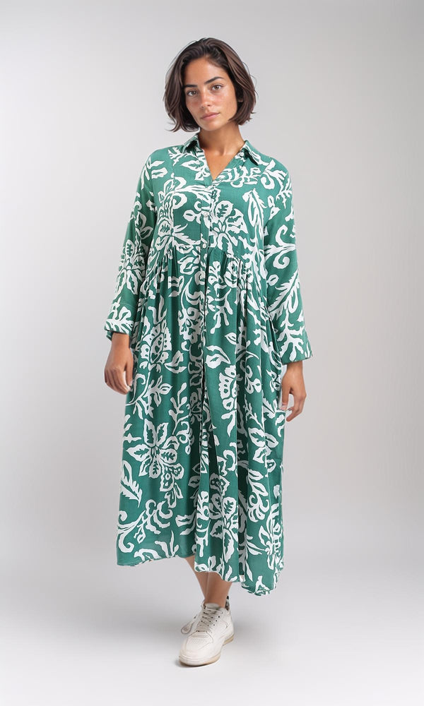 R209106-Long Sleeves Floral Midi Dress - Emerald Green