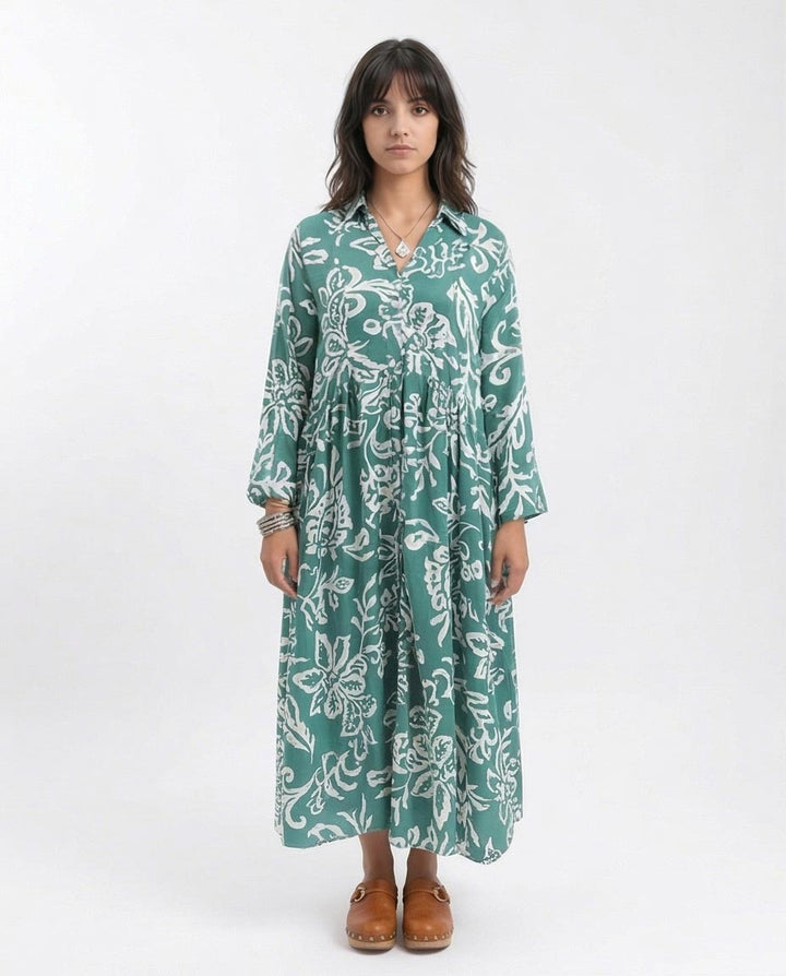 Botanical Bloom Drop-Waist Maxi Shirt Dress