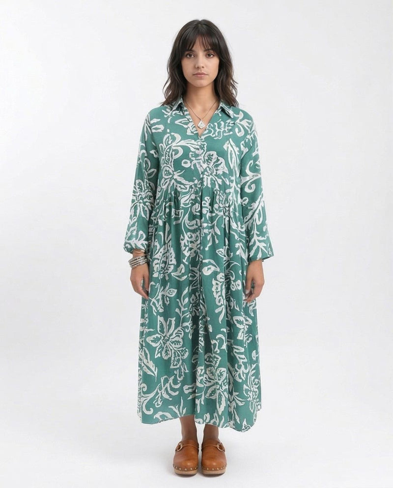 Botanical Bloom Drop-Waist Maxi Shirt Dress