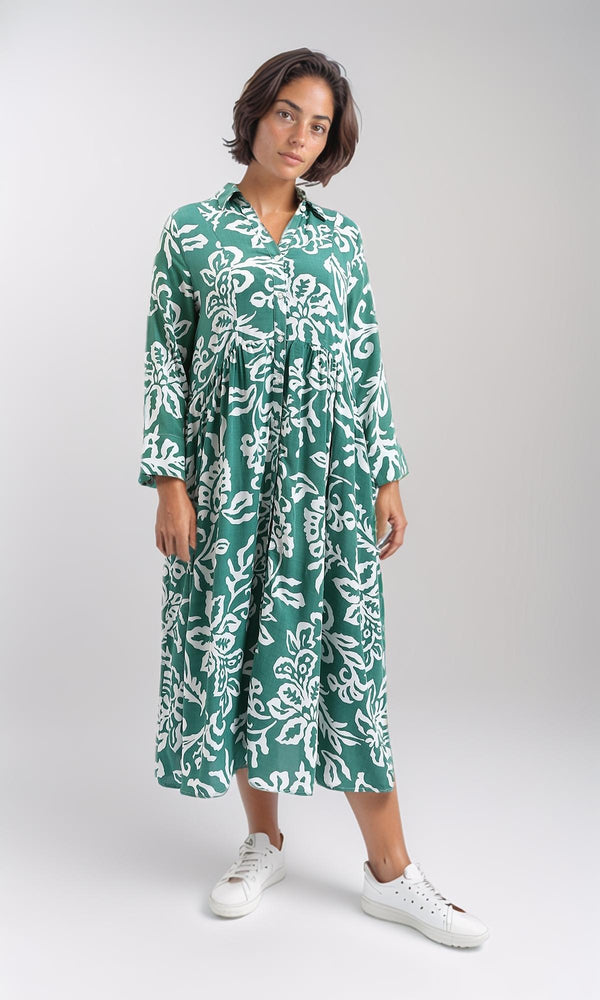 R209106-Long Sleeves Floral Midi Dress - Emerald Green