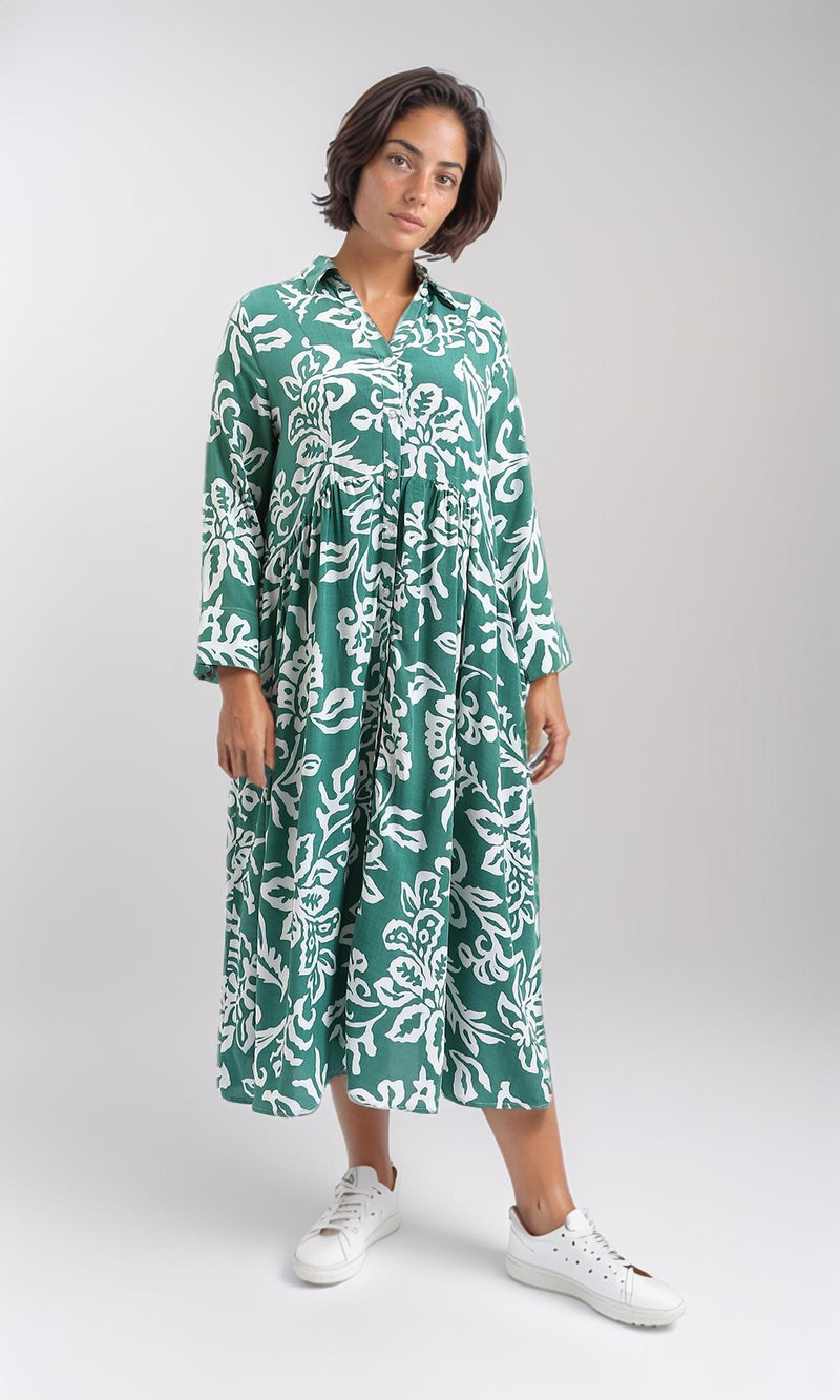 R209106-Long Sleeves Floral Midi Dress - Emerald Green