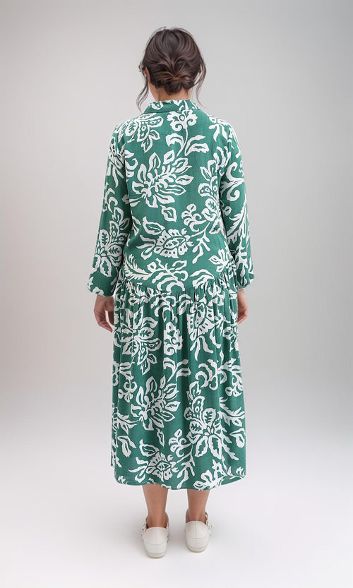 R209106-Long Sleeves Floral Midi Dress - Emerald Green
