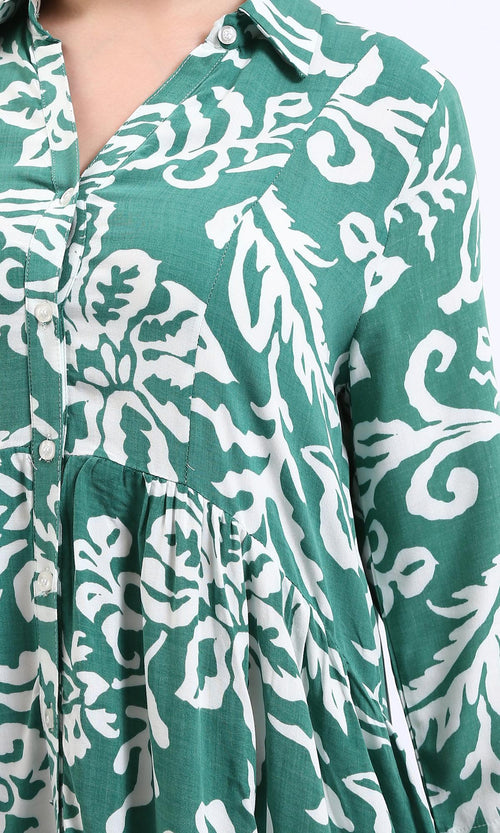 R209106-Long Sleeves Floral Midi Dress - Emerald Green