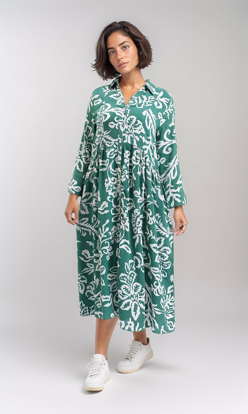 R209106-Long Sleeves Floral Midi Dress - Emerald Green