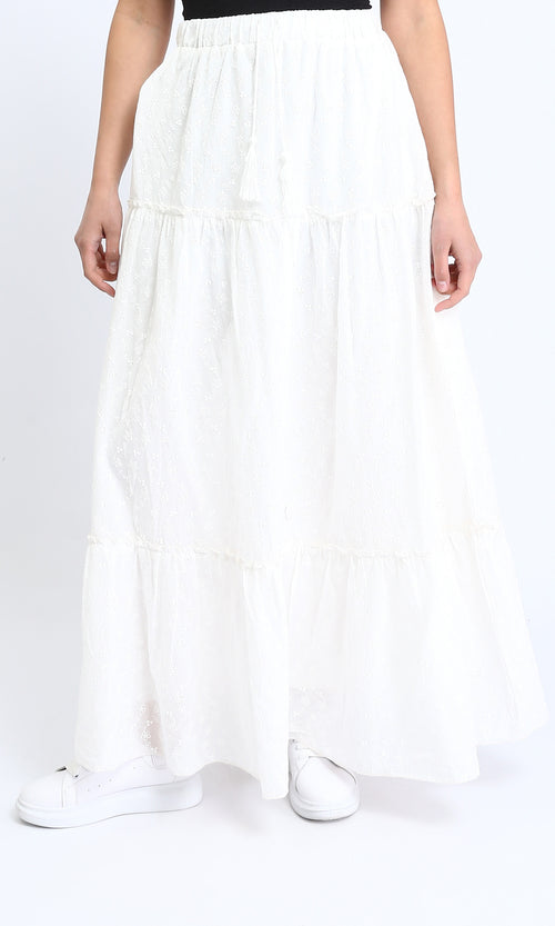 R209107 - Self Pattern Slip On Maxi Skirt - White