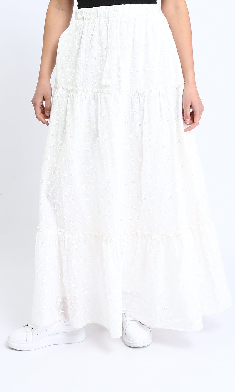 R209107 - Self Pattern Slip On Maxi Skirt - White
