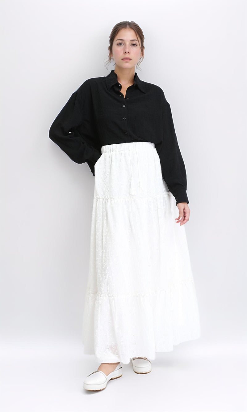 R209107 - Self Pattern Slip On Maxi Skirt - White